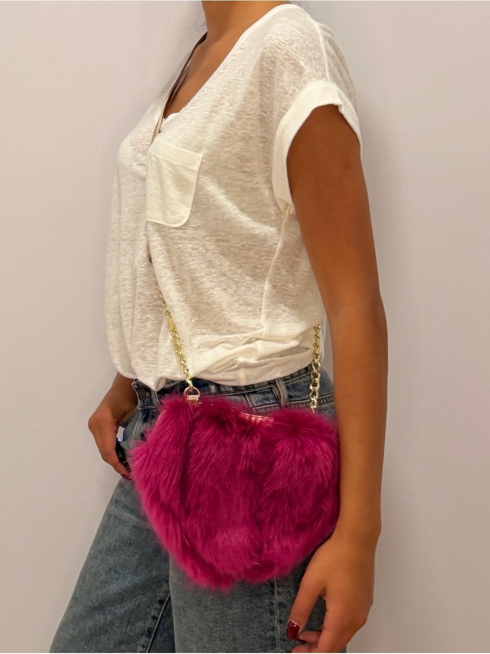 Y2K Betsey Johnson hot pink heart-shaped faux fur shoulder bag